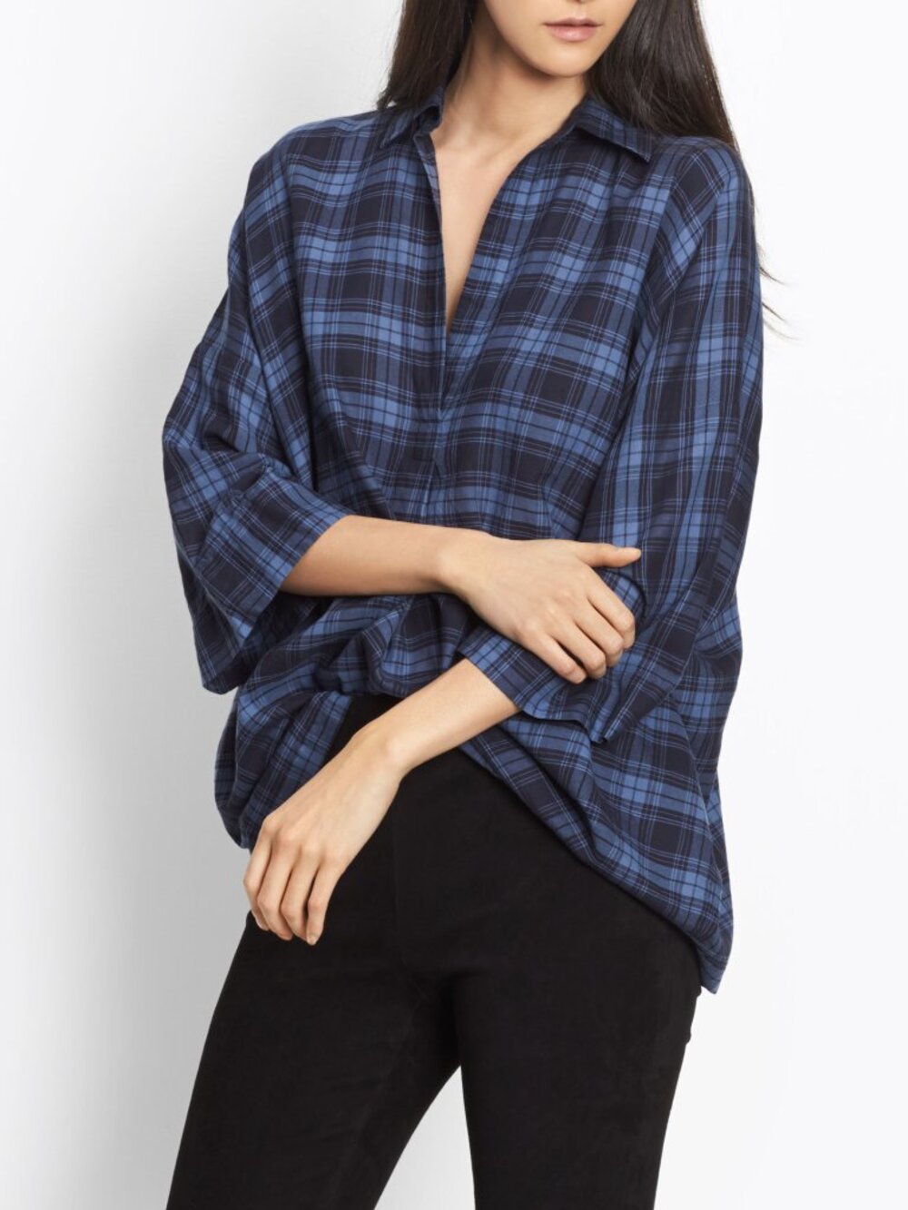 Vince Plaid Cotton Oversized Pullover Blouse Coastal Navy Blue NWT XS $275